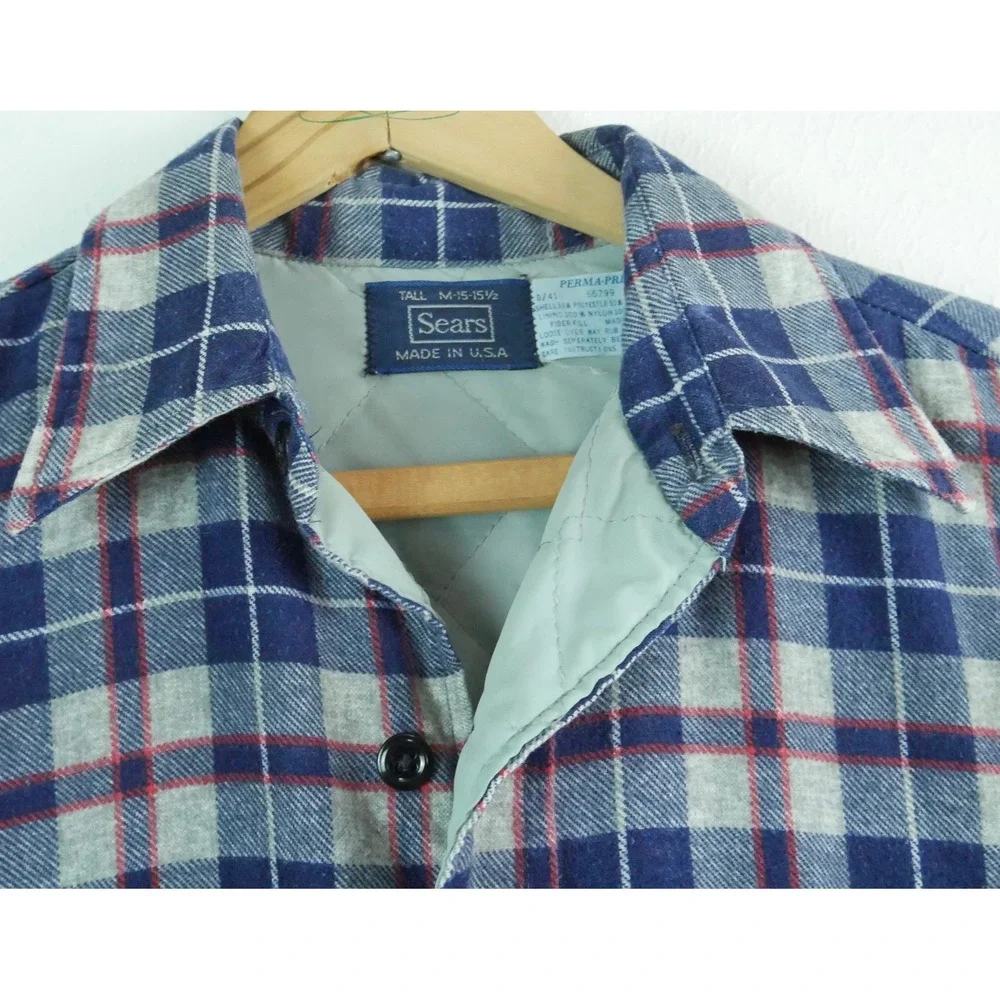 Vintage Sears Perma-Prest Quilted Flannel Shirt Jacket Plaid Medium Tall Work